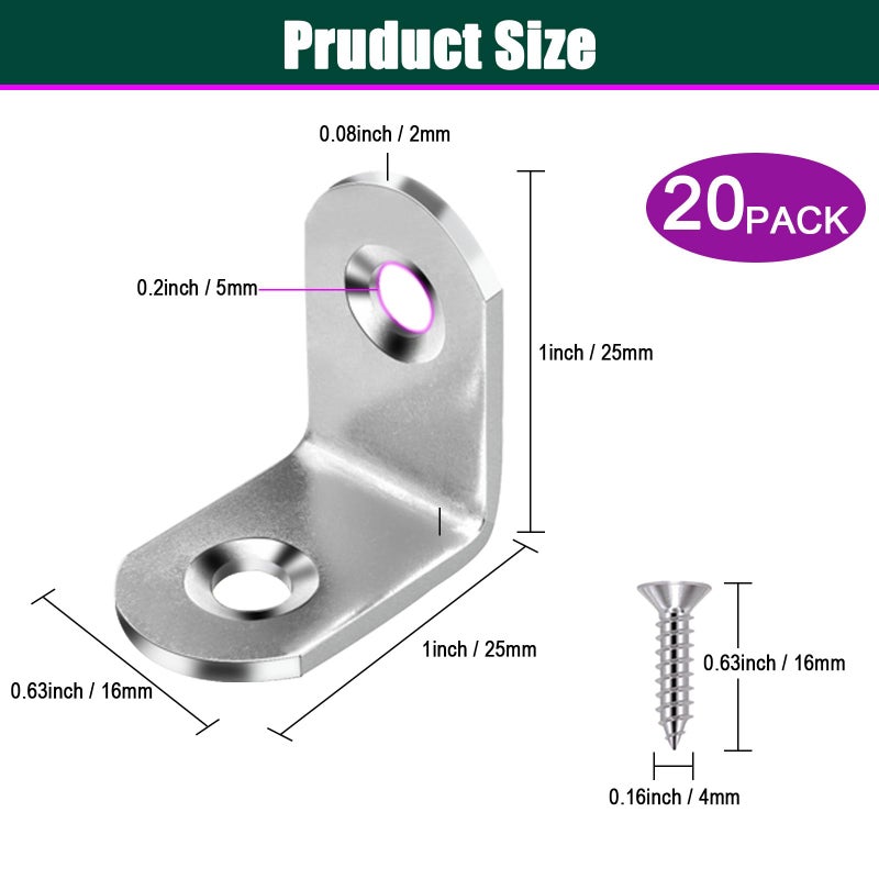 YEWLACA 20 PCS Corner Braces 25mm x 25mm Stainless Steel 90 Degree Joints Right Angle Bracket L Shaped Corner Brackets Fastener for Wood Furniture, Screws Included - Image 2